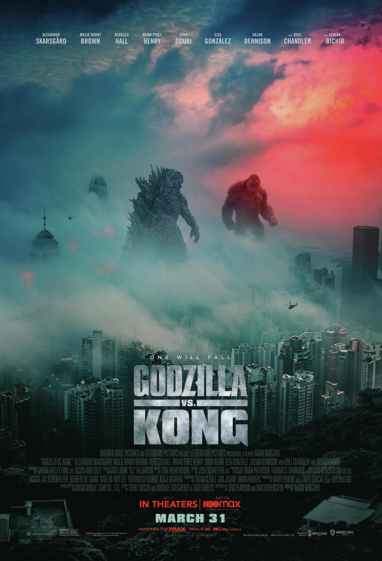 Stormy skyline with monumental silhouette evoking the Godzilla vs. Kong campaign